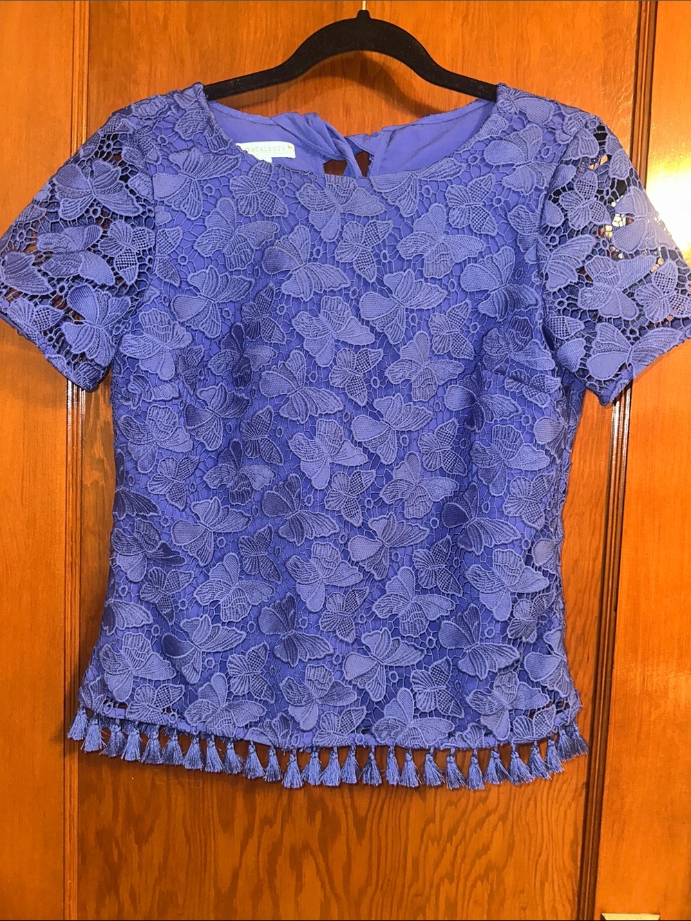 Talbots Floral Lace Tassel-Hem Short Sleeve Top
